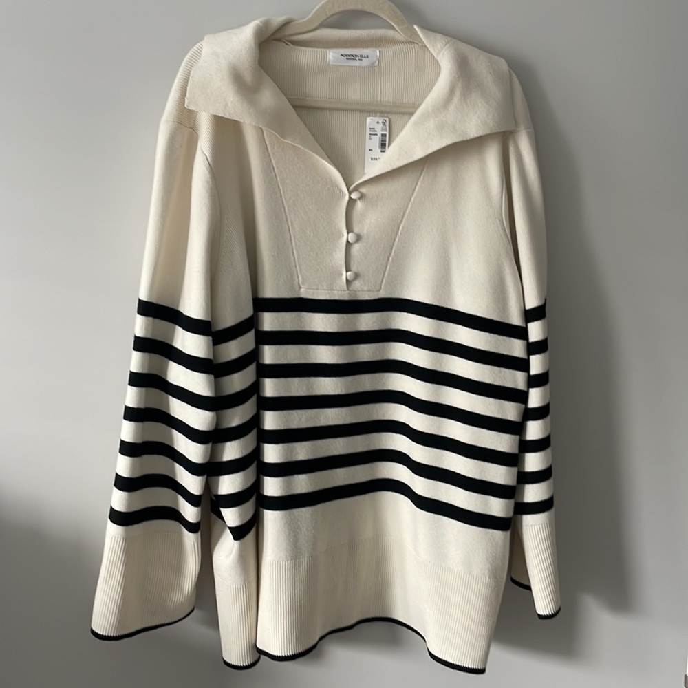 Black Striped Cream Quarter Button Pullover Sweater, Size 4X